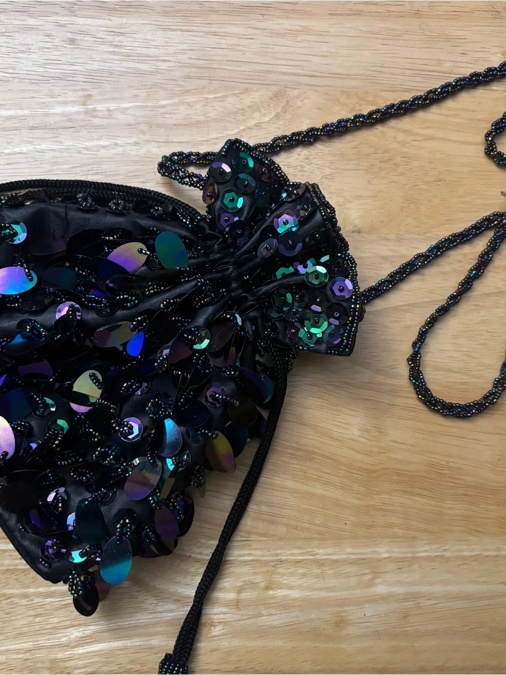 Iridescent Sequin Drawstring Satchel - Black
